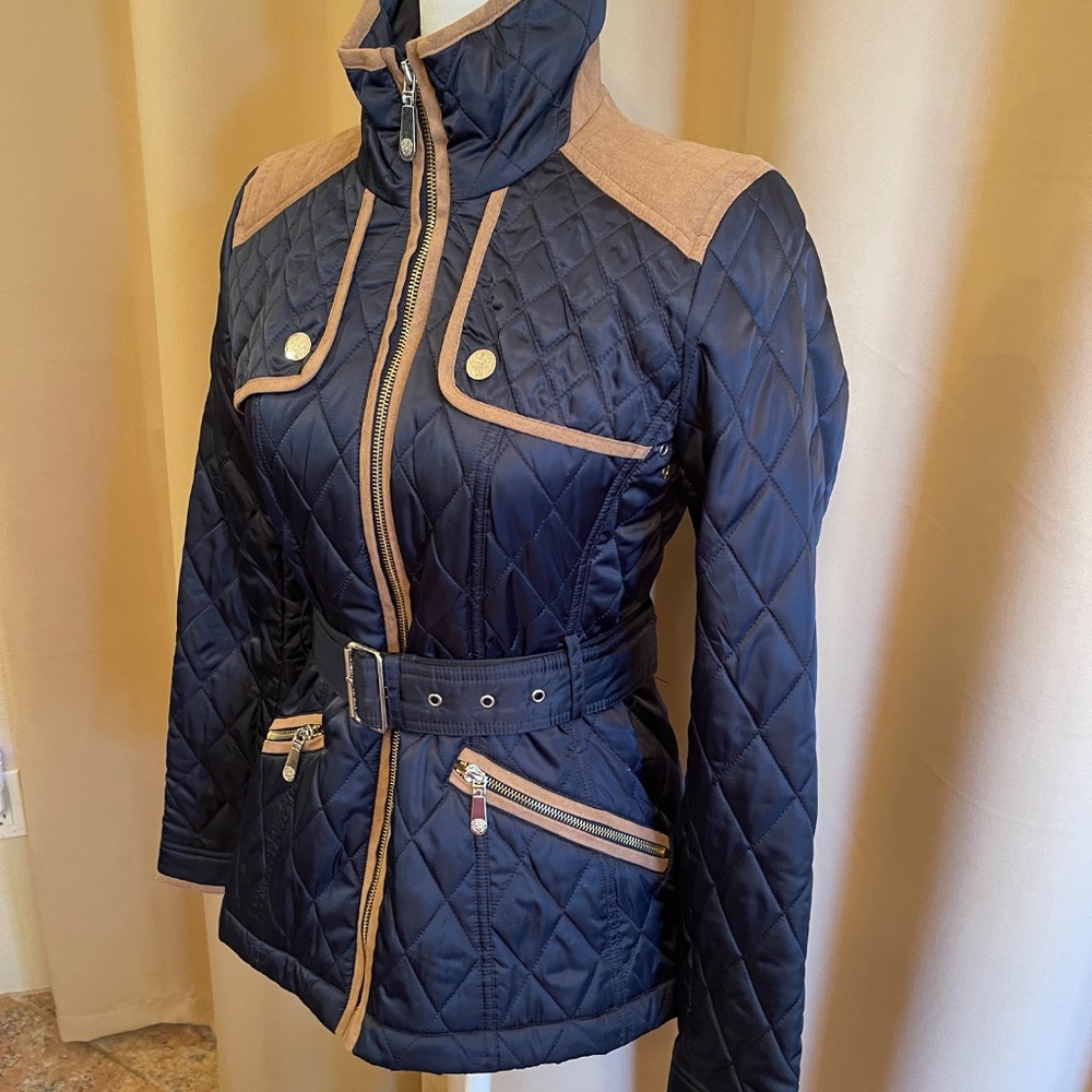 NEW! Vince Camuto Navy Blue and Tan Belted Jacket Size XS - Picture 4 of 15